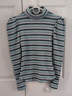 Maeve Striped Ribbed Light Weight Turtleneck - Light Blue, Gray, And Teal